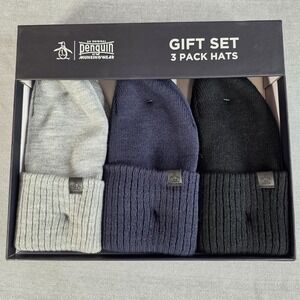 NIB Original Penguin by Munsingwear Men's 3-Pack Beanie Gift Set Grey/Navy/Black